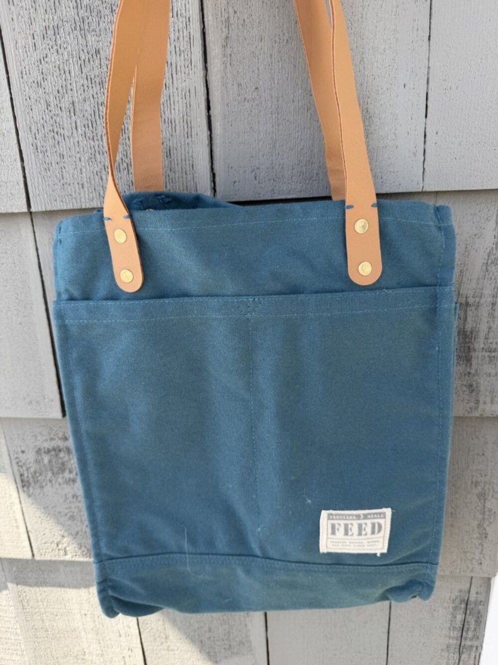 FEED Projects teal double-handle canvas pockets travel academia indie totebag